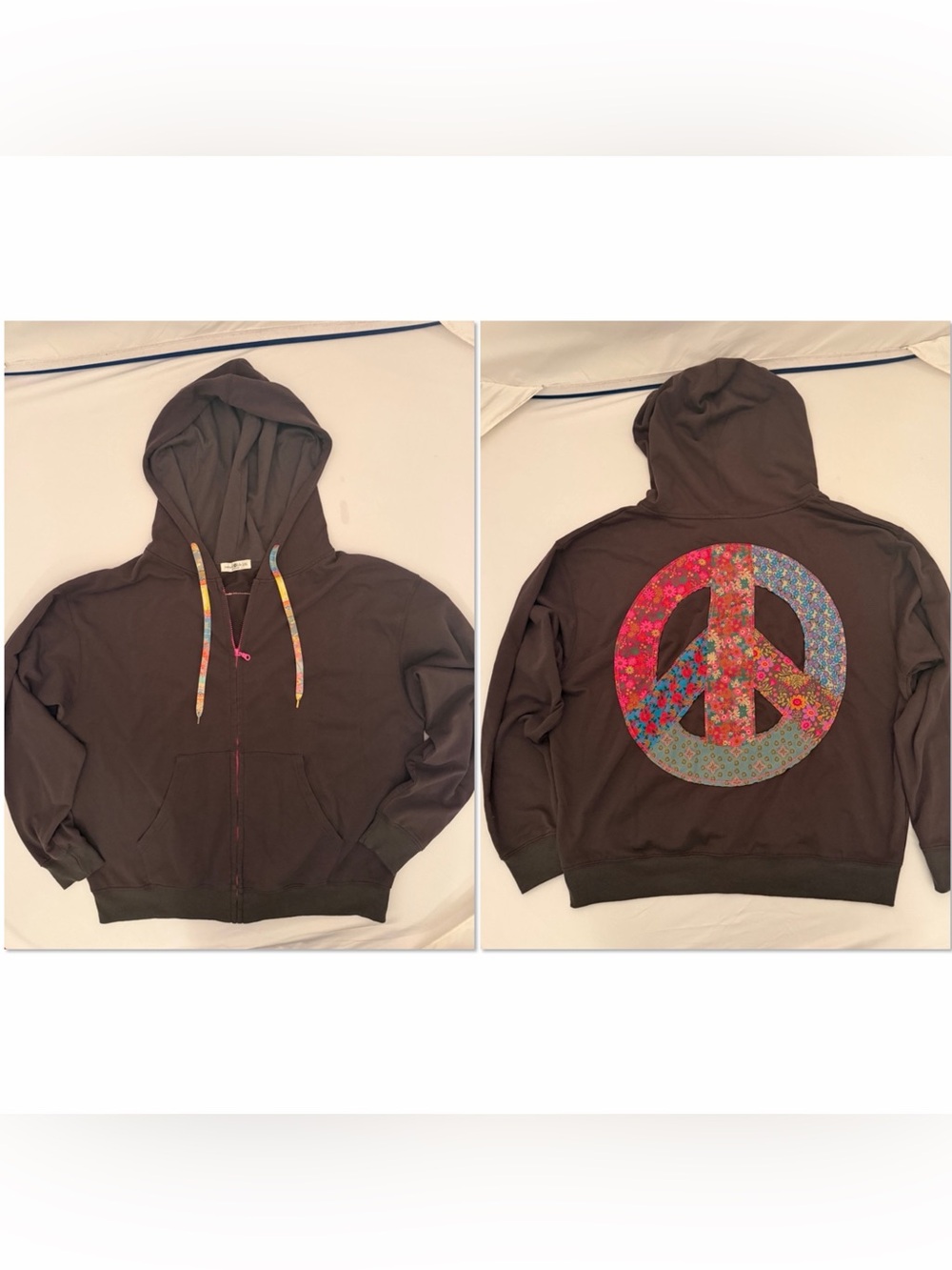 Natural Life gray multicolor full zip hoodie with peace sign L/XL